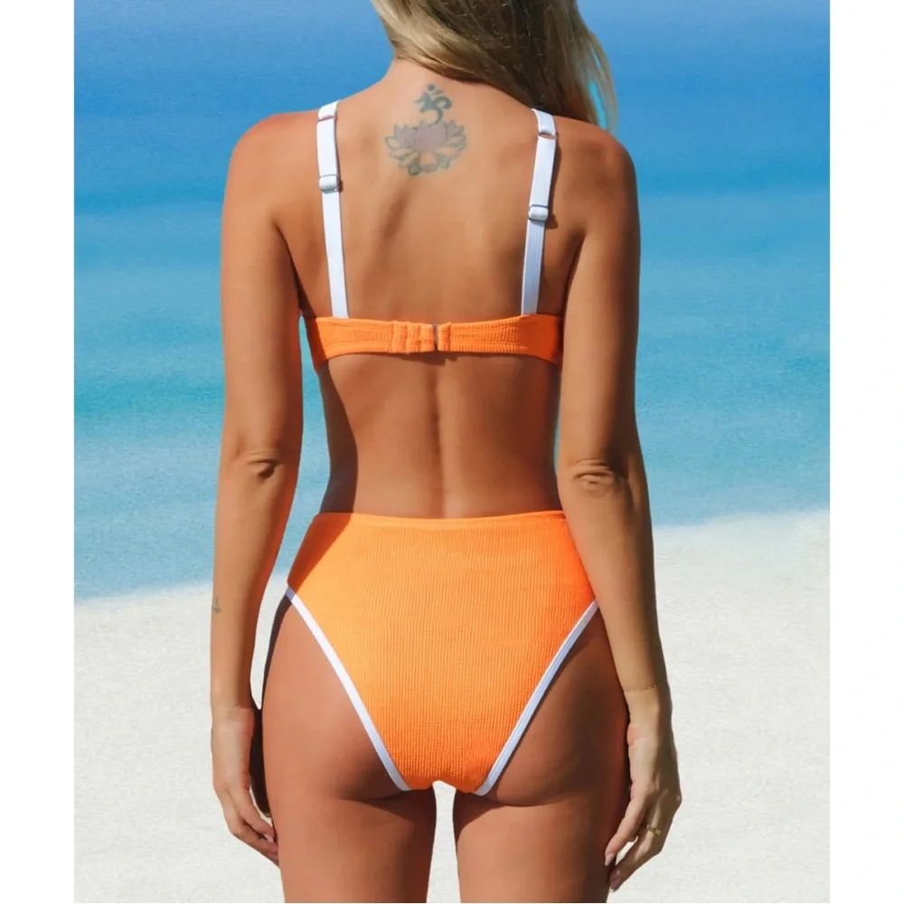 NWT Cupshe Orange‎ Ribbed Cut Out One Piece Swimsuit Med. Beach Resort Vacation